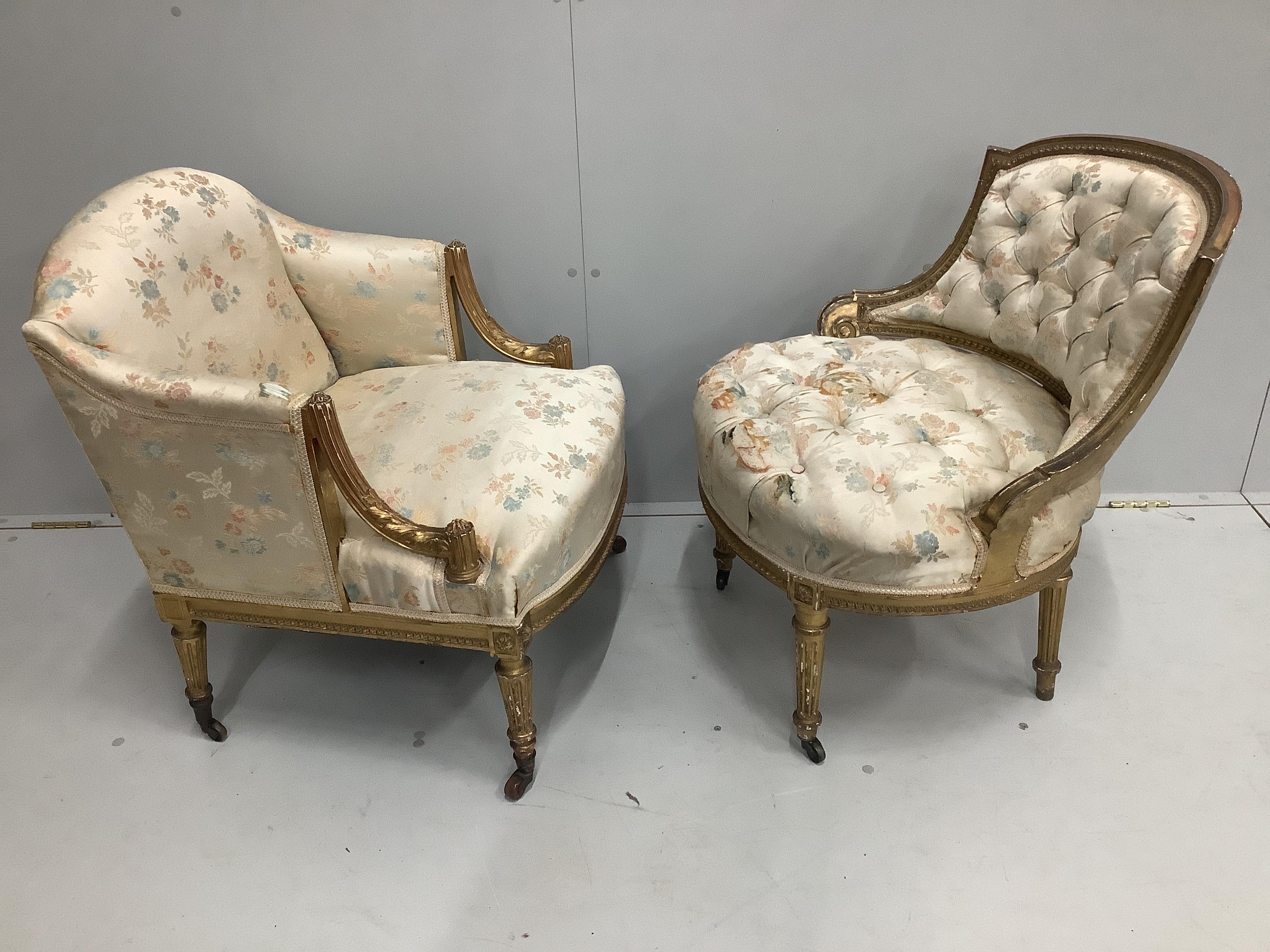 Two late 19th century giltwood and composition salon chairs, larger width 64cm, height 74cm